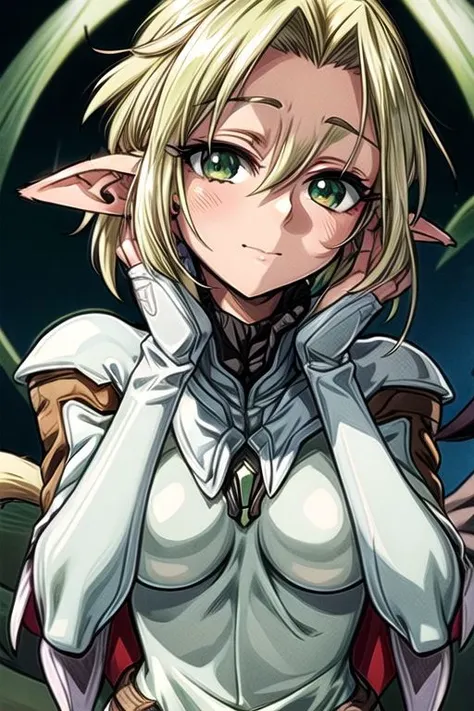 best quality, ultra-detailed, (1girl, solo,fam, blonde hair, (green eyes:1.5), pointy ears, dark skin, dark-skinned female, elf,...