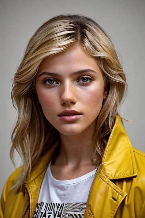 a close up of a woman wearing a yellow jacket and a white shirt