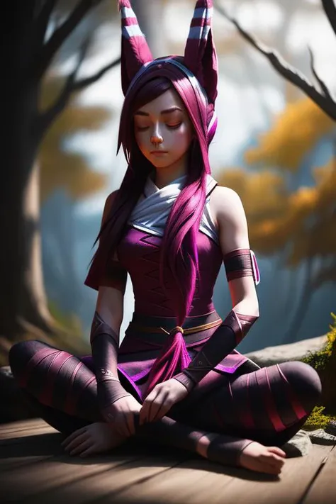 Xayah, girl meditating, animal ears, bird legs, bandages