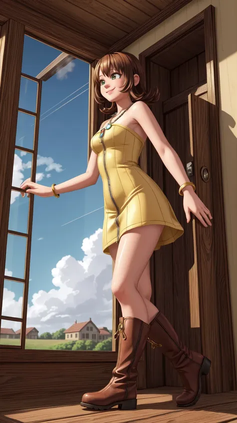 a woman in a yellow dress standing in front of a window