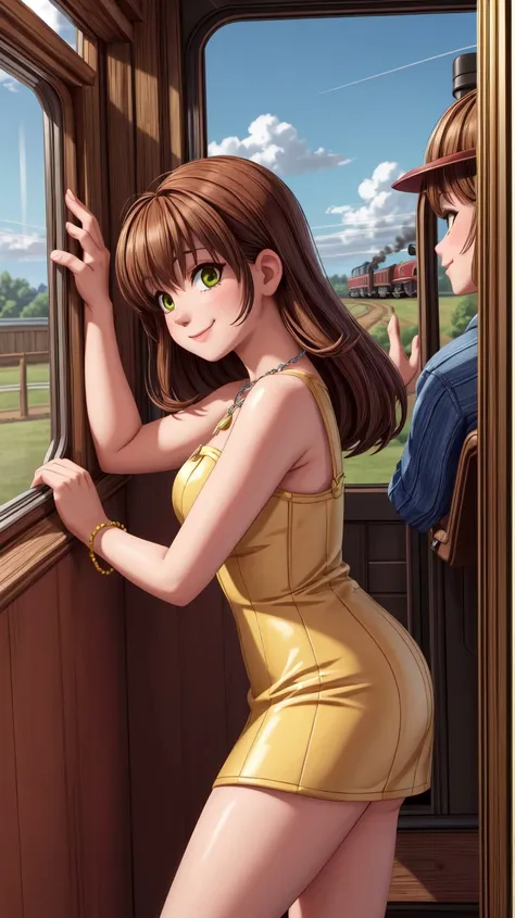 a woman in a yellow dress is looking out a train window