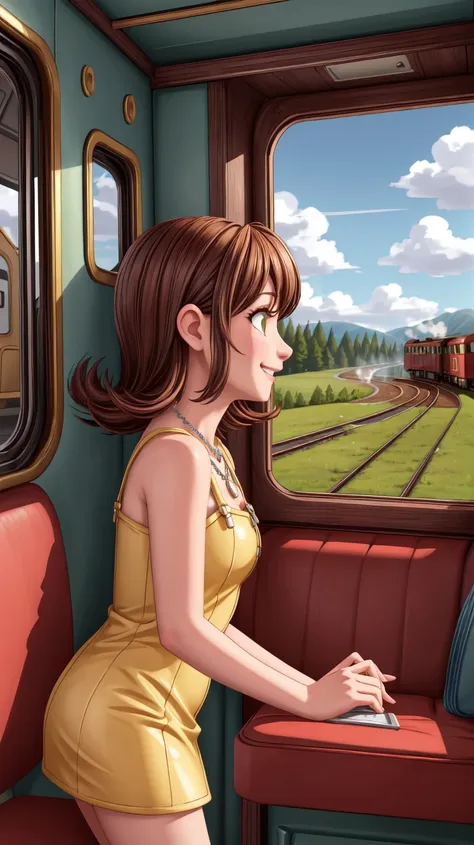 a woman in a yellow dress is sitting on a train