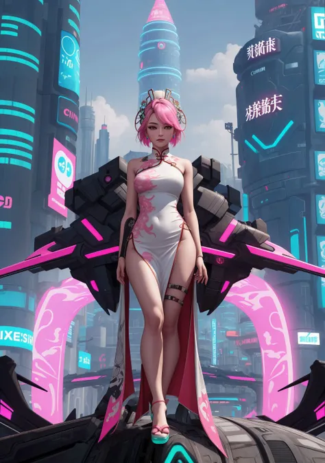 a woman in a white dress standing on a platform in a futuristic city