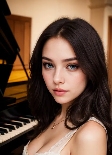 a close up of a woman in a white dress near a piano