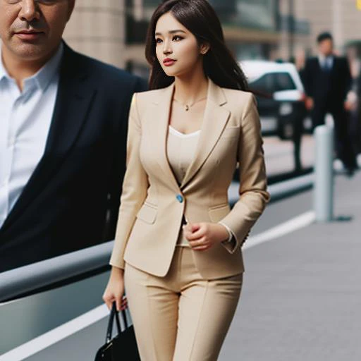 8. She is wearing a beige business suit. The slim tailoring shows her perfect figure, giving people a noble and elegant feeling.