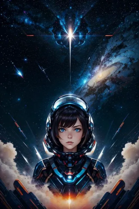 a woman in a space suit with a star in the background