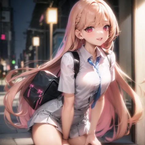 anime girl with long pink hair and a backpack sitting on a ledge