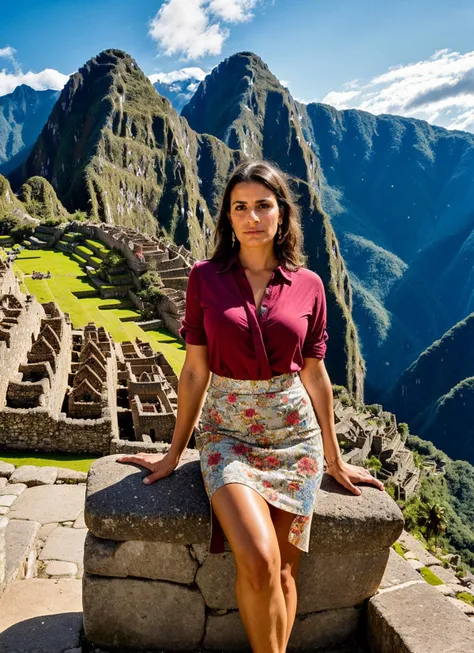 A stunning intricate full color portrait of (sks woman:1) in Machu Picchu, with the ancient ruins in the foreground, wearing Pencil skirt and a blouse, epic character composition, sharp focus, natural lighting, subsurface scattering, f2, 35mm, film grain, ...