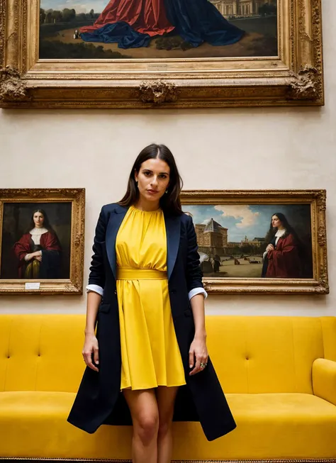 portrait of sks woman in Paris, at the Louvre Museum, by Flora Borsi, style by Flora Borsi, bold, bright colours, ((Flora Borsi)), by Dominique Issermann, <lora:locon_leamichele_v1_from_v1_64_32:1>