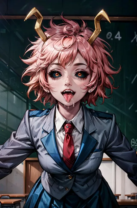 anime girl with horns and a tie standing in front of a chalkboard