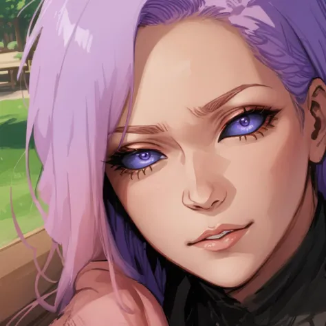 anime girl with purple hair and blue eyes looking at the camera