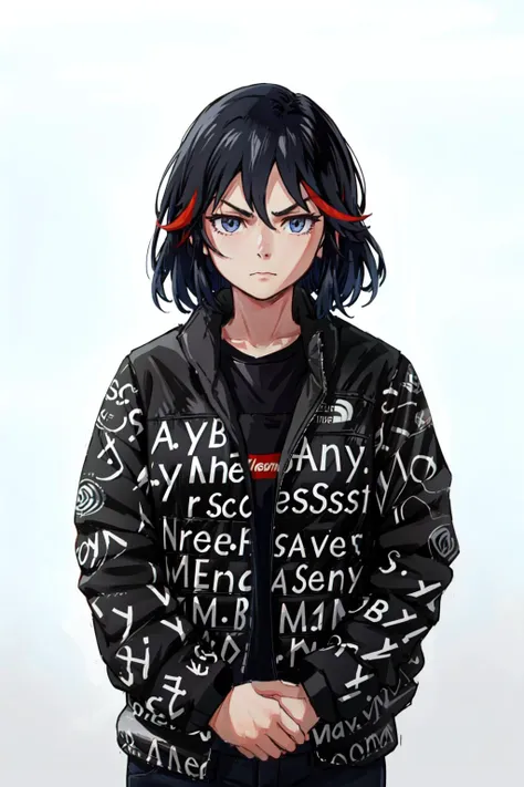 anime boy with black hair and blue eyes wearing a black jacket