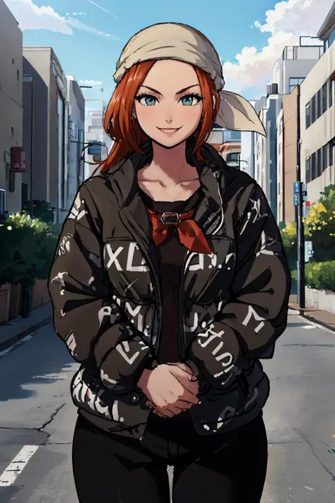 anime girl in a hat and jacket standing on a city street