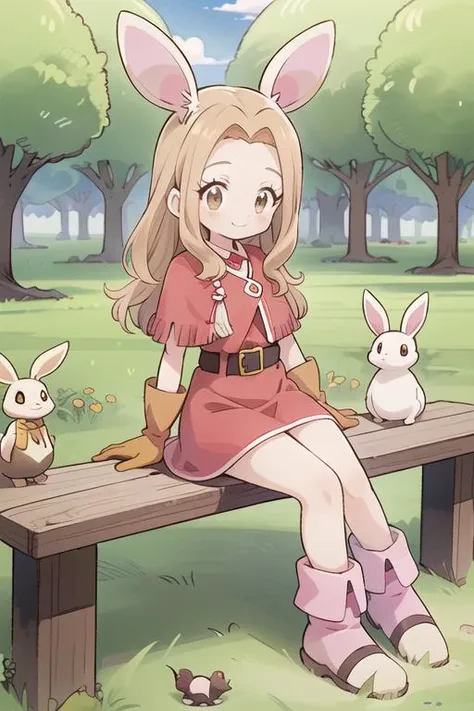 anime girl sitting on a bench with two small rabbits