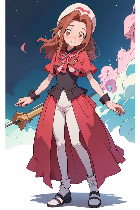 a cartoon girl in a red cape and hat holding a sword