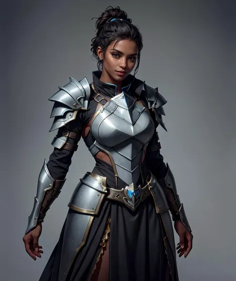 (masterpiece, best quality, highres), (solo beautiful girl), (intricate armor-dress:1.1), (dark skin:1.5), (smile:0.6), octane render,