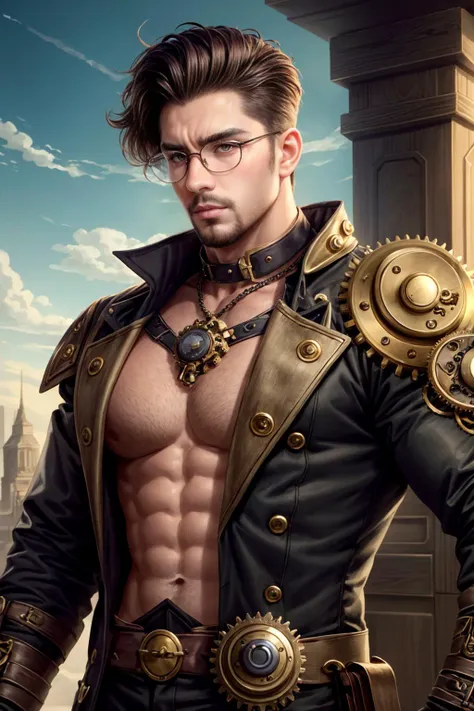 a man with a steam punk look and a leather jacket