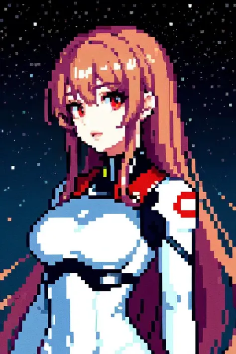 a close up of a pixel art of a woman in a white dress