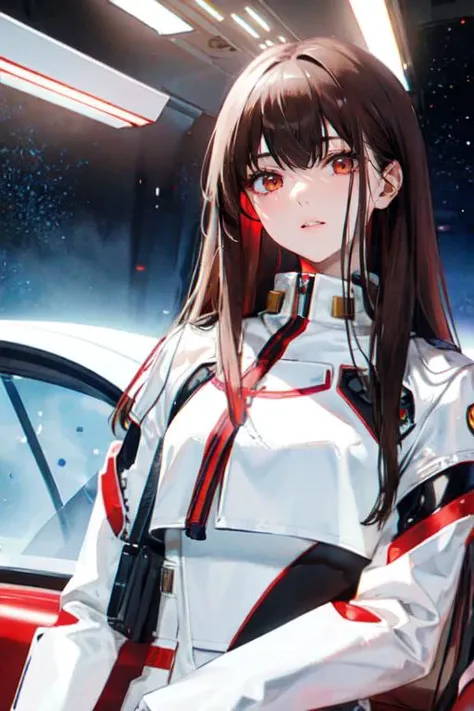 a woman in a white and red uniform standing next to a car