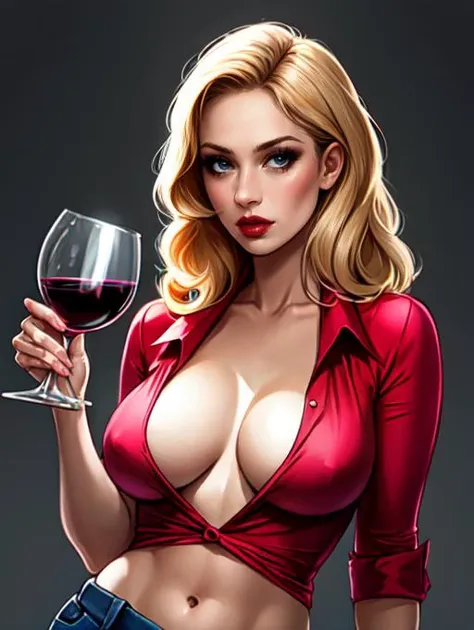 <lora:beth_smithv8:0.6>,Beth Smith,1girl,solo,long blonde hair BREAK
(makeup, mascara, lipstick, eye shadow:1.1) BREAK
(red shirt, unbuttoned shirt:1.1),revealing cleavage BREAK
(blue pants:1.1),navel BREAK
(holding a glass of wine:1.2) BREAK
revealed clea...