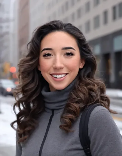 Lexi Abreu, with her dark brown curls cascading down her shoulders, smiled warmly as she stood in a wintery city, dressed elegantly in her turtleneck sweater, jacket and leggings, displaying an astounding masterpiece with such high resolution that it seeme...