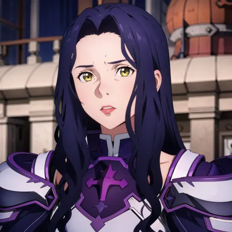 <lora:fanatioSynthesisTwo_v1:0.8> <lora:Genshin Impact:0.4> <lora:Arcane Style:0.1> a woman in armor, dark purple hair, light yellow eyes, extremely detailed CG, detailed face+eyes, realistic, detailed skin, lips, best quality, masterpiece, absurdres,