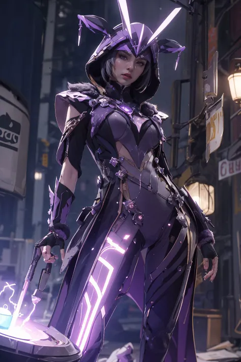 a woman in a purple outfit standing in a city