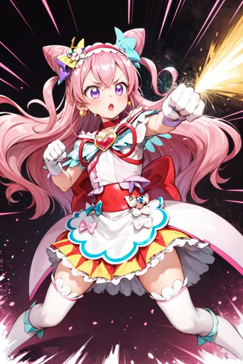 a anime girl with pink hair and a white dress holding a wand