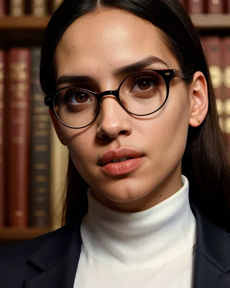 AdriaAchz, Shhhh!, (realistic, hyperdetailed:1.3) photo of 1girl as a strict librarian, closeted dom, (medium close-up), face focus, glasses, turtleneck, (stern expression), sensible hairstyle, skirt, accusatory finger pointed at viewer, intelligent compos...