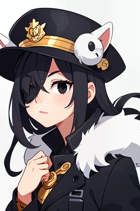 1girl, detective, black, hat over one eye,black coat, white fur, gold trim, black eyes,