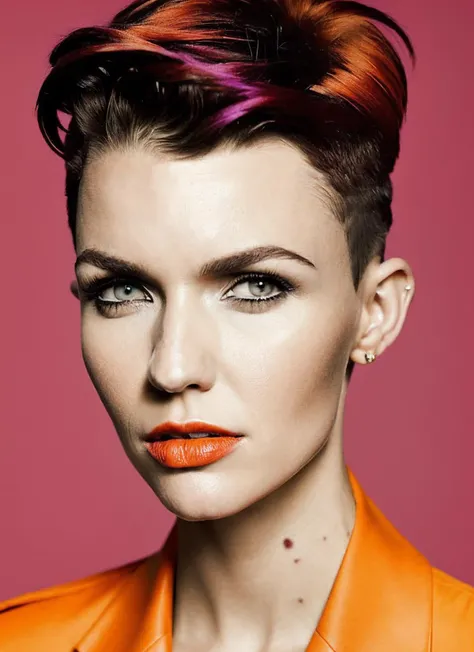 analog style, modelshoot style, portrait of sks woman by Flora Borsi, style by Flora Borsi, bold, bright colours, orange Mohawk haircut, ((Flora Borsi)), <lora:locon_ruby_v1_from_v1_64_32:1.3>