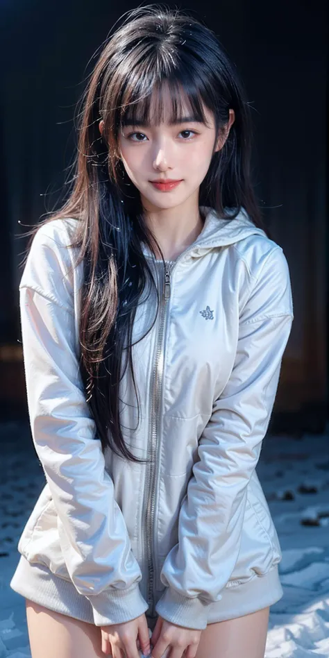 masterpiece, best quality, 1girl, ((snowy background)), black hair, floating hair, blush, looking at viewers, white glossy down jacket, happy, whole body, feeling snow, (studio light), soft light, dark style, night style, winter,(masterpiece:1,2), best qua...