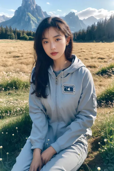 A mixed race woman in a grey space suit sitting in a tall grass, holding flowers, field, mountains in the background, warm palette, sunlight, amateur photo, film grain