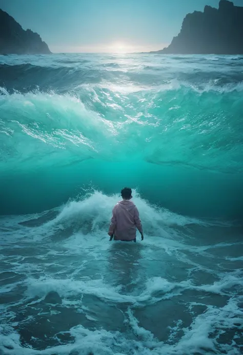 arafed man sitting in the ocean looking at the waves