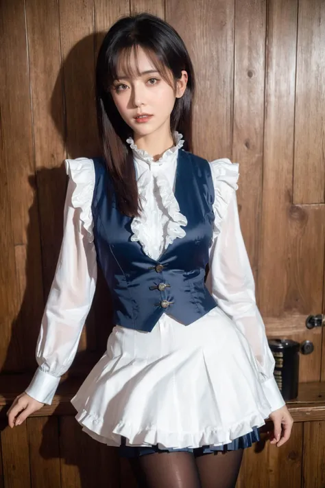 A mystique steampunk [woman : ([Amina Khalil | Laura Vandervoort | Iman El Deeb]:0.9) :0.1], white shirt, vest, frilled skirt, pantyhose,
[ ; analog photo, film grain : 0.5]