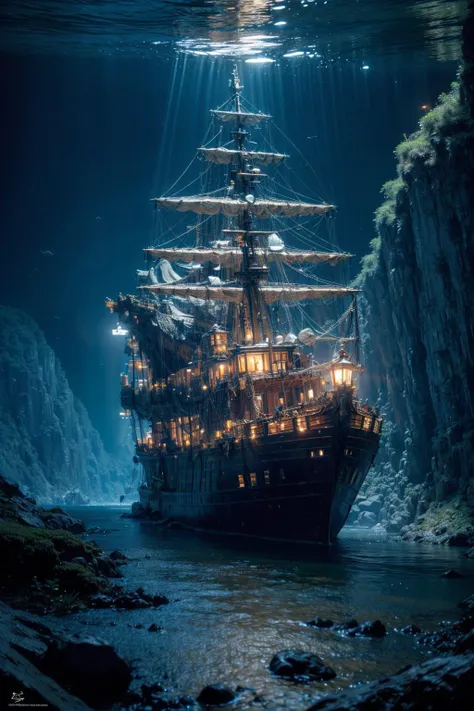 a ship in the water with lights on it