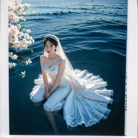 moyou (((korean bride))), (wearing tiara), looking at viewer, polaroid, in the ocean, in the water, <lora:nighttime_v1:0.5> <lora:noiseOffsetForTrue_v10:0.3>