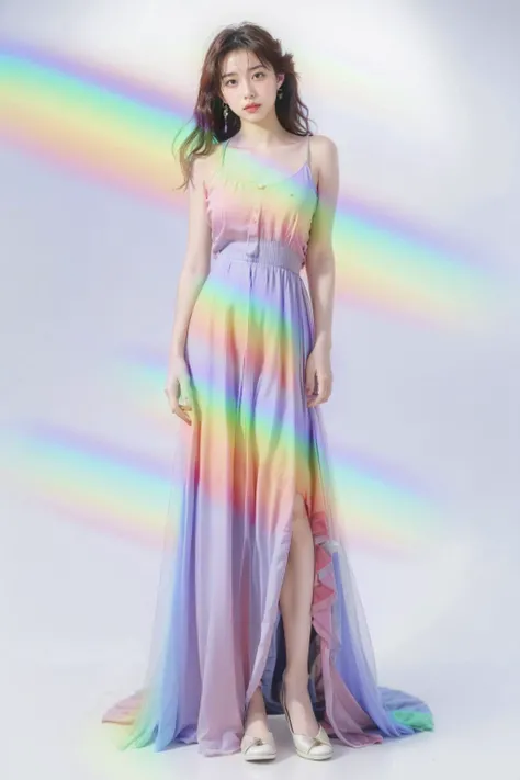 best quality, masterpiece, photorealistic, 1girl, rainbow,evening dress,jewelry,iridescence,upper body,white background,photo,full body, 
 <lora:ch:1>