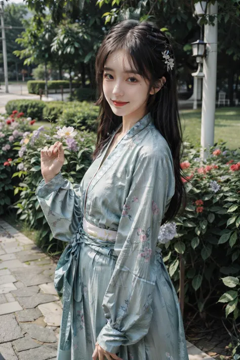 <lora:hanfuSong_v35:0.6>
<lora:å°æ¡åå­¦:0.4> 
<lora:add_detail:1> 
1girl, blurry, flower, hand up, looking at viewer, hanfu