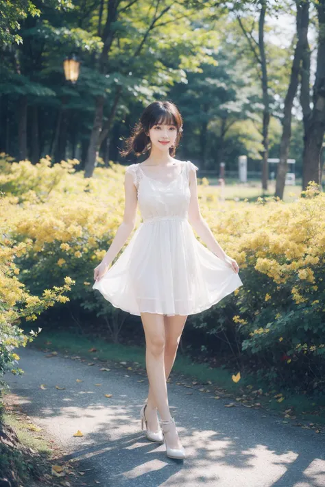 1girl,moyou,full body,stars in the eyes,pure girl,(full body:0.5),There are many scattered luminous petals,hidding in the light yellow flowers,Depth of field,Many scattered leaves,branch,angle,contour deepening,cinematic angle,white dress,smiling,