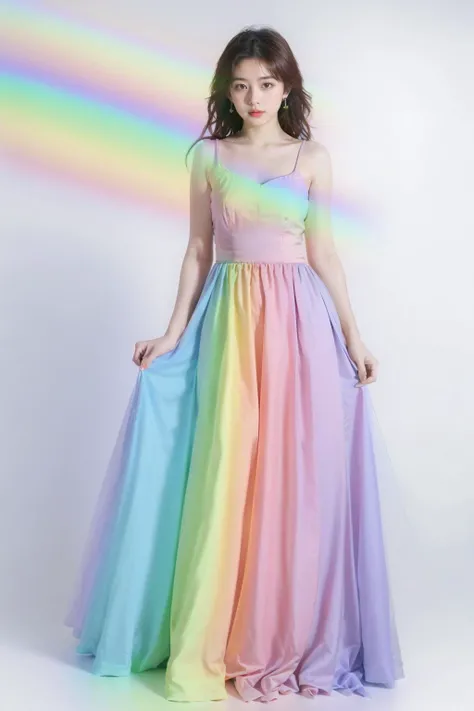 best quality, masterpiece, photorealistic, 1girl, rainbow,evening dress,jewelry,iridescence,upper body,white background,photo,full body, 
 <lora:ch:1>