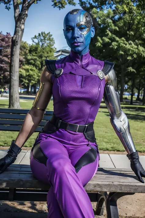 nebula, colored skin, blue skin, black eyes, bald, cyborg, left mechanical arm,purple bodysuit, purple pants, sleeveless, black gloves, looking at viewer, serious, sitting, on bench, legs crossed, outside, park, trees, lake, blue sky, winter, high quality,...