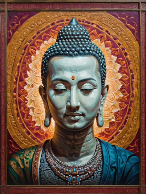 Buddha, high resolution, background, geometric patterns, vibrant colors, intricate details, portrait the, hassan, and, hjjaj, style, painting, pavel, sokov, style, <lora:Hassan_Hjjaj_Style:0.8>, <lora:Pavel_Sokov:0.8>