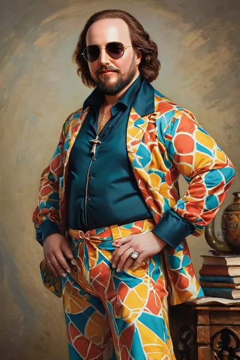 breathtaking, cans, geometric patterns, dynamic pose, Eclectic, colorful, sunglasses and outfit, full body portrait, portrait,close up of a fat (William Shakespeare:1.3) , William Shakespeare is Sensual, William Shakespeare is dressed in a Vibrant Wide-leg...