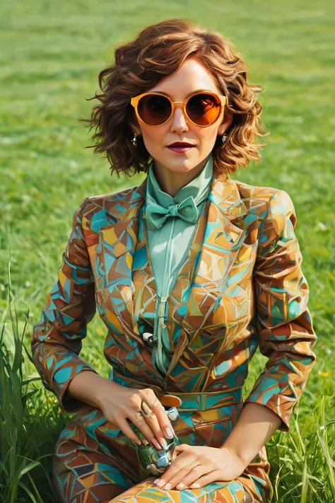 breathtaking, cans, geometric patterns, dynamic pose, Eclectic, colorful, sunglasses and outfit, full body portrait, portrait, grass, 70s Science Fiction,close up of a Android (Maggie Gyllenhaal:1.3) , the Woman is Original and Hopeless, - Gnome hybrid, mo...