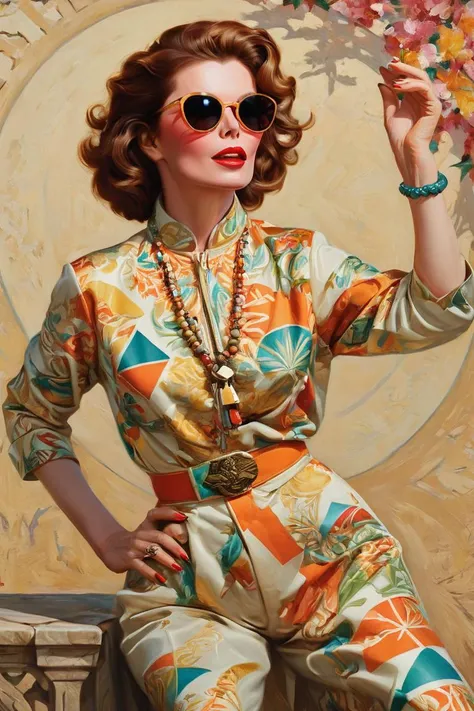 breathtaking, cans, geometric patterns, dynamic pose, Eclectic, colorful, sunglasses and outfit, full body portrait, portrait,close up of a Rich Exotic Han Dynasty (Katharine Hepburn:1.1) , screaming, Satisfying, Fantasy, Aestheticism, F/1.8, <lora:Pavel_S...