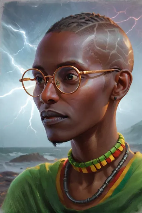 portrait,close up of a Arcane Giant lanky Kenyan (Maryam:1.2) , Majestic hair styled as Buzz cut with a fade, Impressionist Rasta White Browline glasses, Vibrant Laboratory in background, Foggy, horizon-centered, Fine art, Hackercore, Ethereal Lighting, te...