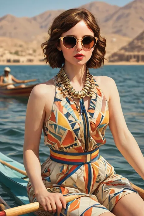 breathtaking, cans, geometric patterns, dynamic pose, Eclectic, colorful, sunglasses and outfit, full body portrait, portrait,close up of a fit Egyptian (Felicity Jones:1.1) , Rowing, wearing costume, Relaxed, Swirling, <lora:Pavel_Sokov:0.8> painting, pav...