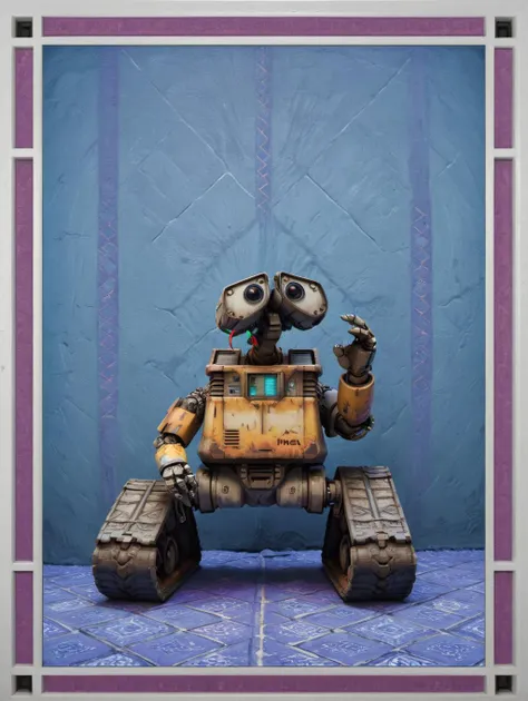 octane render, Exotic 21 year old stocky (WALL-E from WALL-E:1.2) Laying down, his hair is Gray, Gaelic Robotic Legs, Proud, charming, F/14, Provia, background, Zellige tilework, geometric patterns, vibrant colors, intricate details, portrait the, hassan, ...