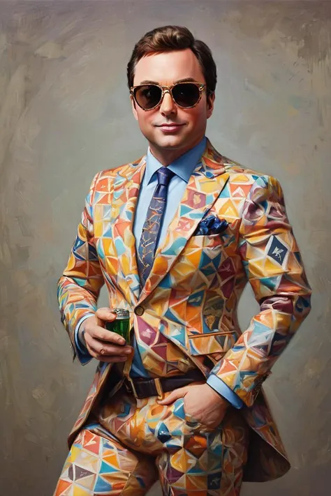 breathtaking, cans, geometric patterns, dynamic pose, Eclectic, colorful, sunglasses and outfit, full body portrait, portrait,close up of a (Jimmy Fallon:1.1) from the Middle Ages, Illustration, Frightening, <lora:Pavel_Sokov:0.8> painting, pavel, sokov